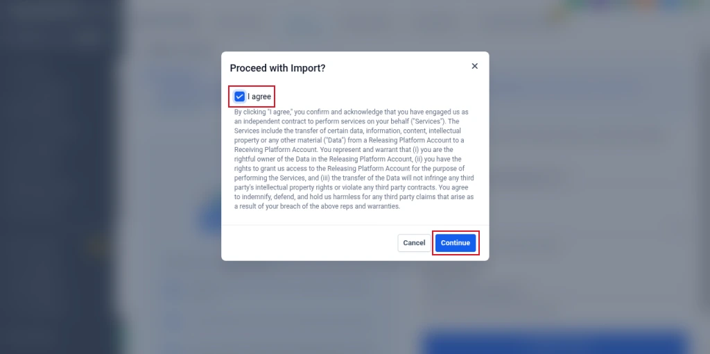 GoHighLevel Proceed with Import dialog with the I agree box ticked and the Continue button highlighted