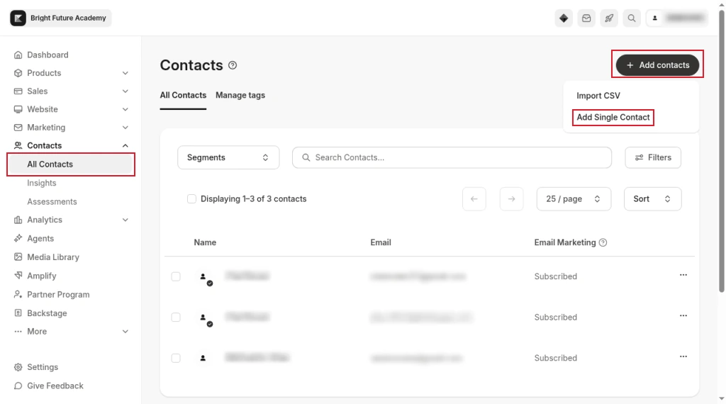 Kajabi Contacts page with the Add contacts menu open and Add Single Contact highlighted