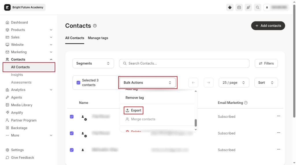 Kajabi All Contacts page with three contacts selected and the Bulk Actions menu open, with Export highlighted