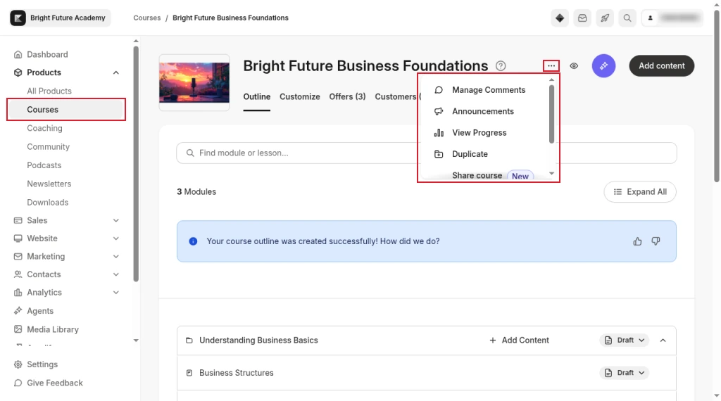 Kajabi course page with the more actions menu open, listing Manage Comments, Announcements, View Progress, Duplicate and Share course, with no export option