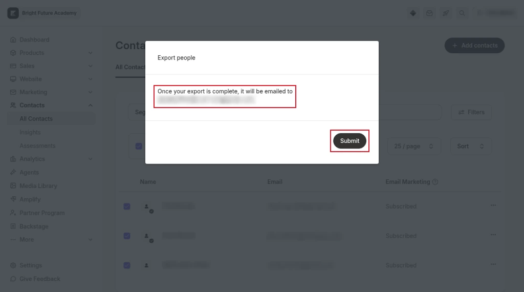 Kajabi Export people dialog saying the export will be emailed to the account address, with the Submit button highlighted