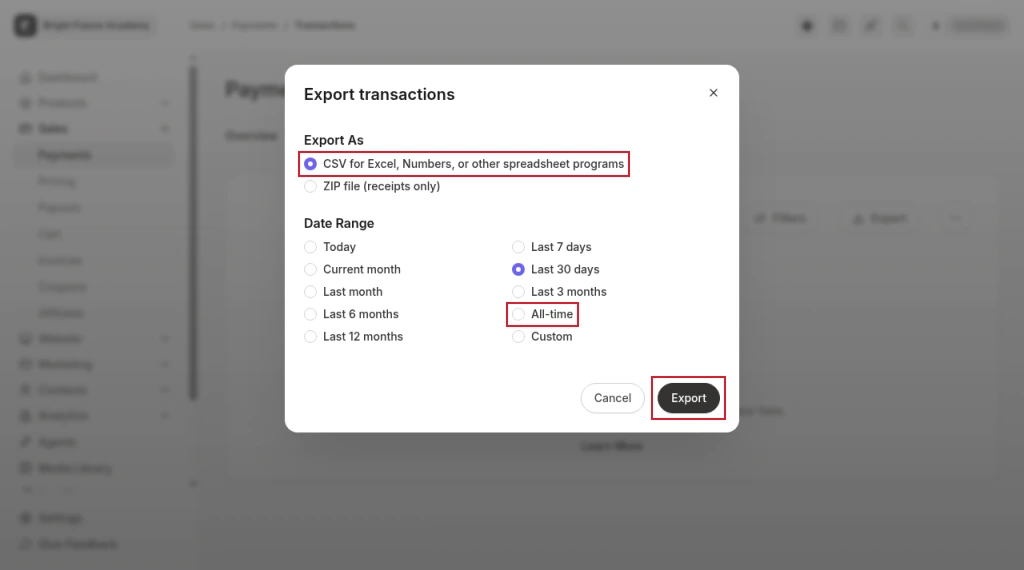 Kajabi Export transactions dialog with the CSV option, the All-time date range and the Export button highlighted