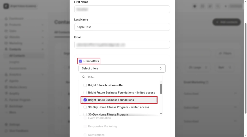 Kajabi New Contact form with Grant offers ticked and the Bright Future Business Foundations offer selected