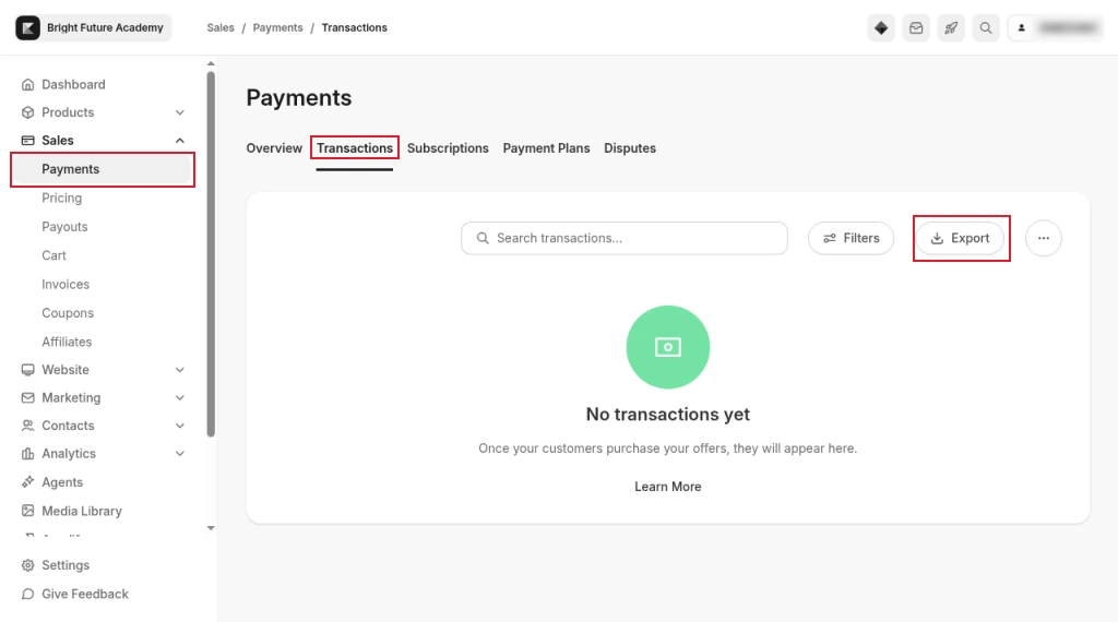 Kajabi Sales, Payments page on the Transactions tab with the Export button highlighted