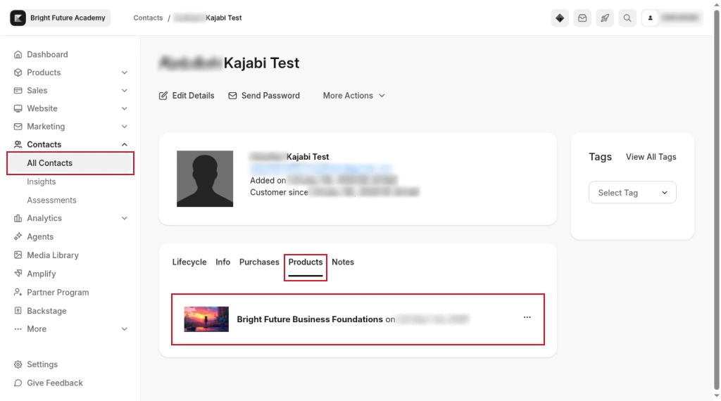 Kajabi contact page for the test student with the Products tab open, showing the granted Bright Future Business Foundations course