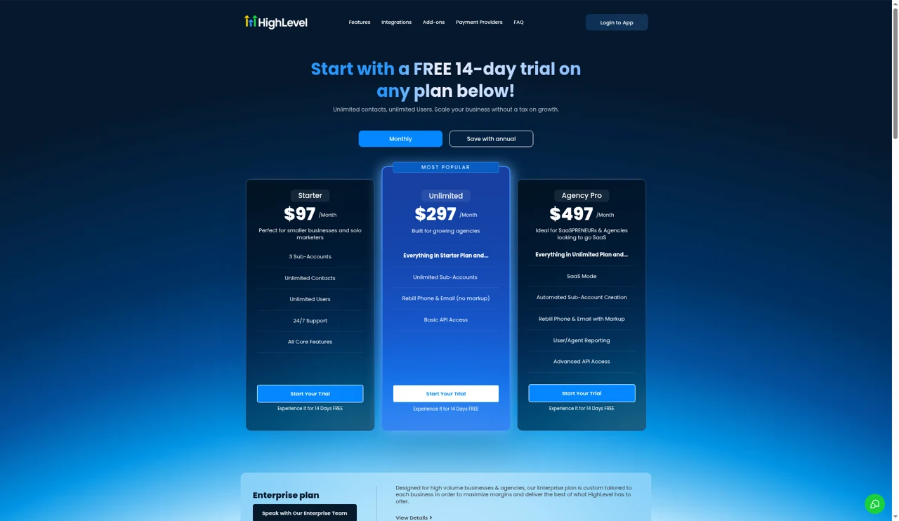GoHighLevel pricing page on monthly billing showing the Starter, Unlimited and Agency Pro plans