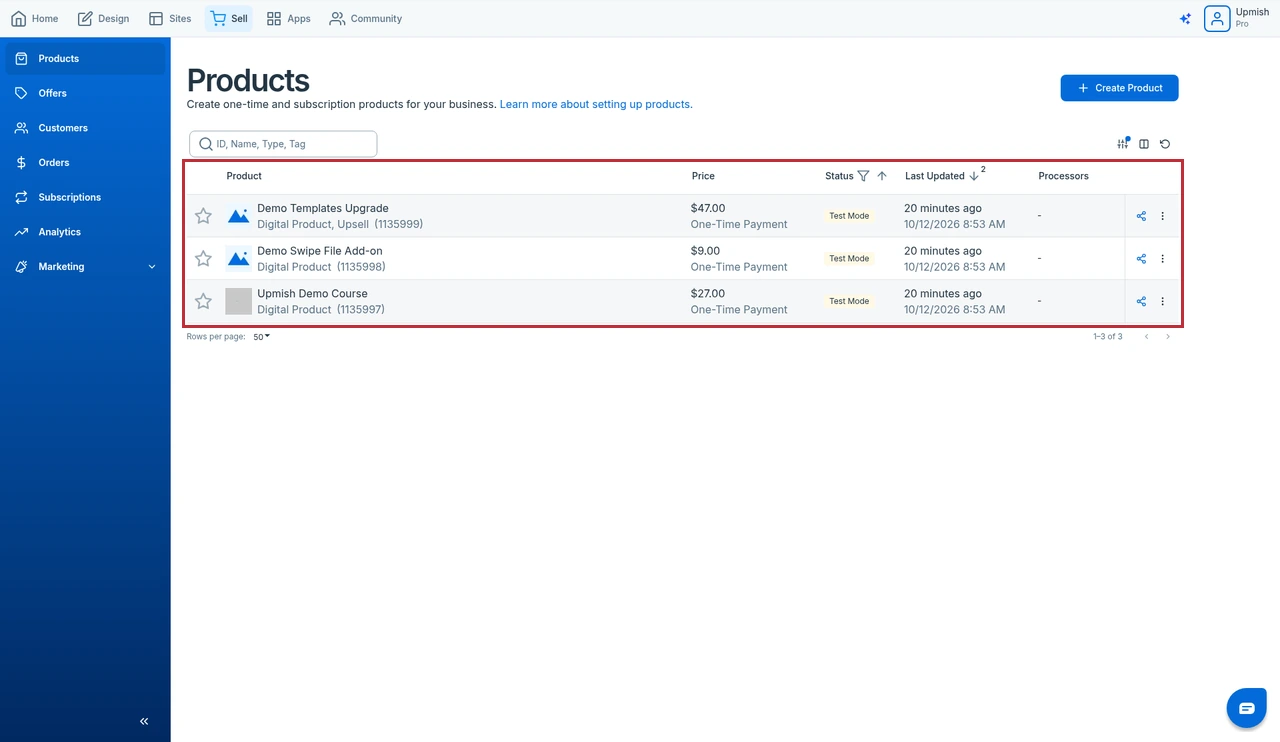 SamCart Products list showing three demo products: Upmish Demo Course at $27, Demo Swipe File Add-on at $9 and Demo Templates Upgrade at $47, all created in Test Mode