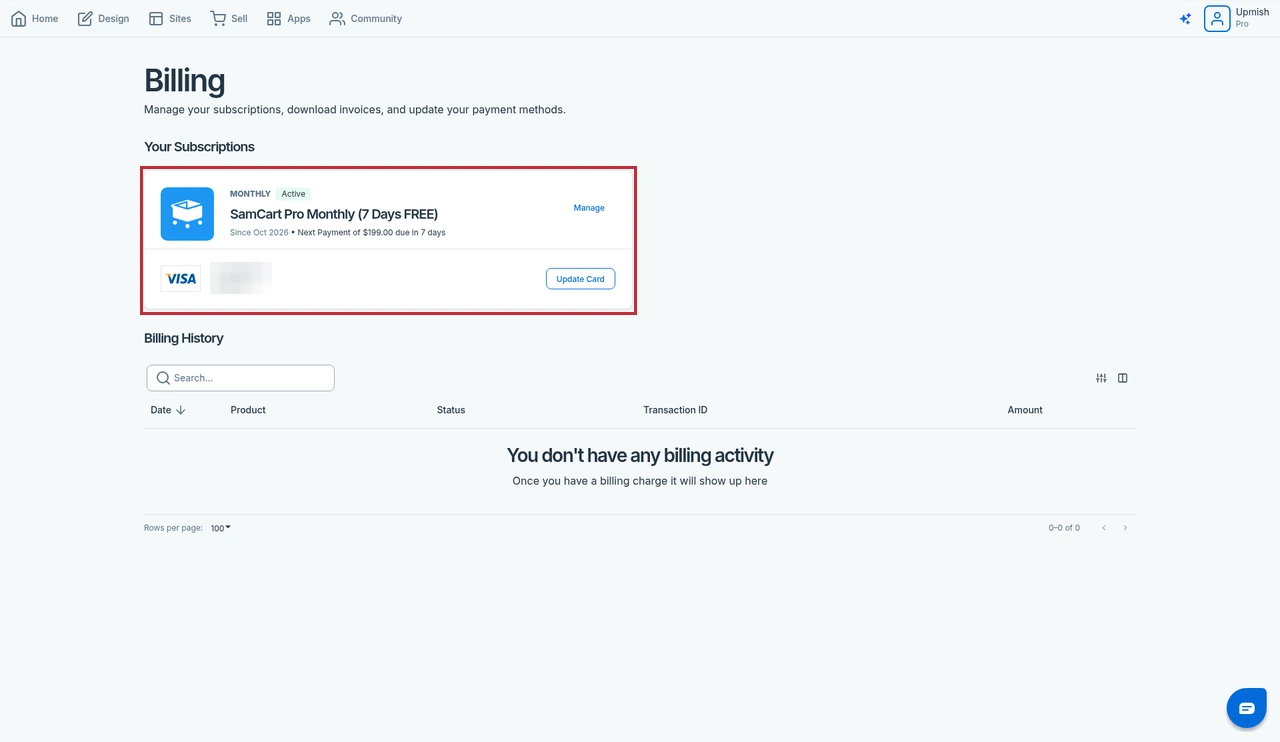 SamCart Billing page showing the SamCart Pro Monthly plan in its 7 day free trial, with card details blurred