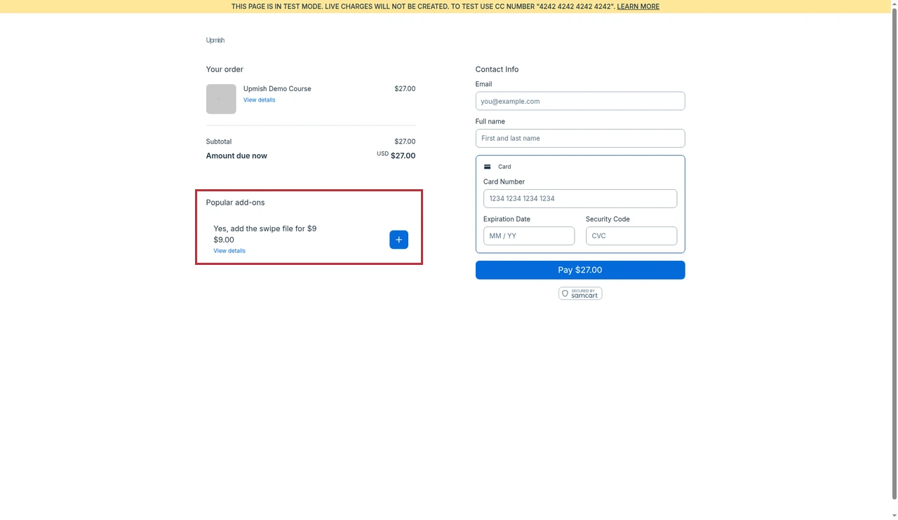 SamCart checkout preview in Test Mode with a $9 order bump under the payment form