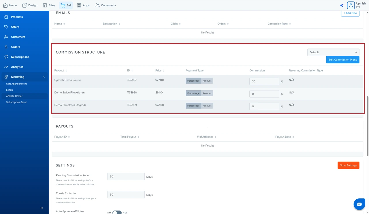SamCart Affiliate Center commission table with a 30% commission on the demo course