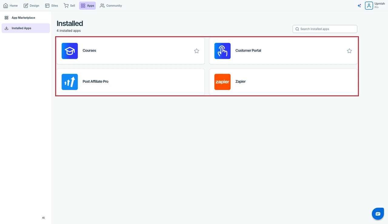 SamCart Apps, Installed screen showing four installed apps: Courses, Customer Portal, Post Affiliate Pro and Zapier