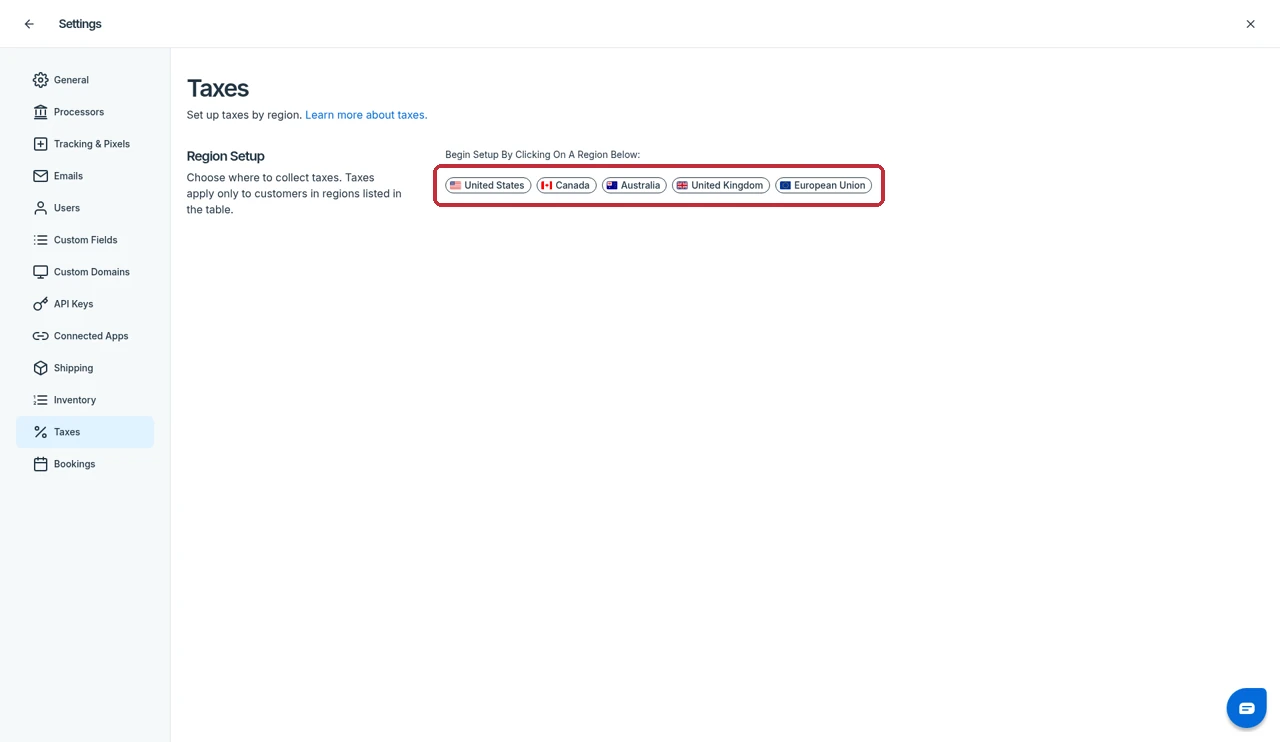 SamCart tax settings with region buttons for the US, Canada, Australia, UK and EU