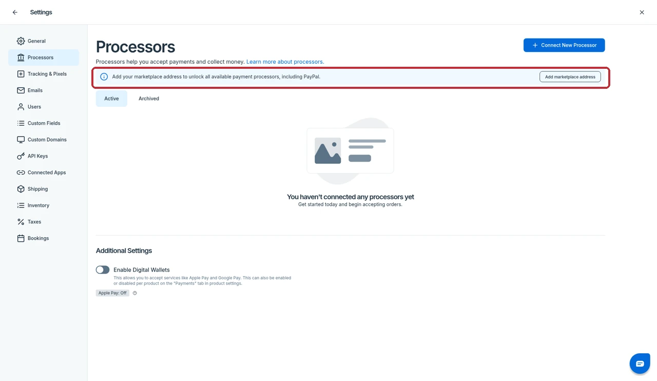SamCart processors page with a banner asking for a marketplace address to unlock PayPal