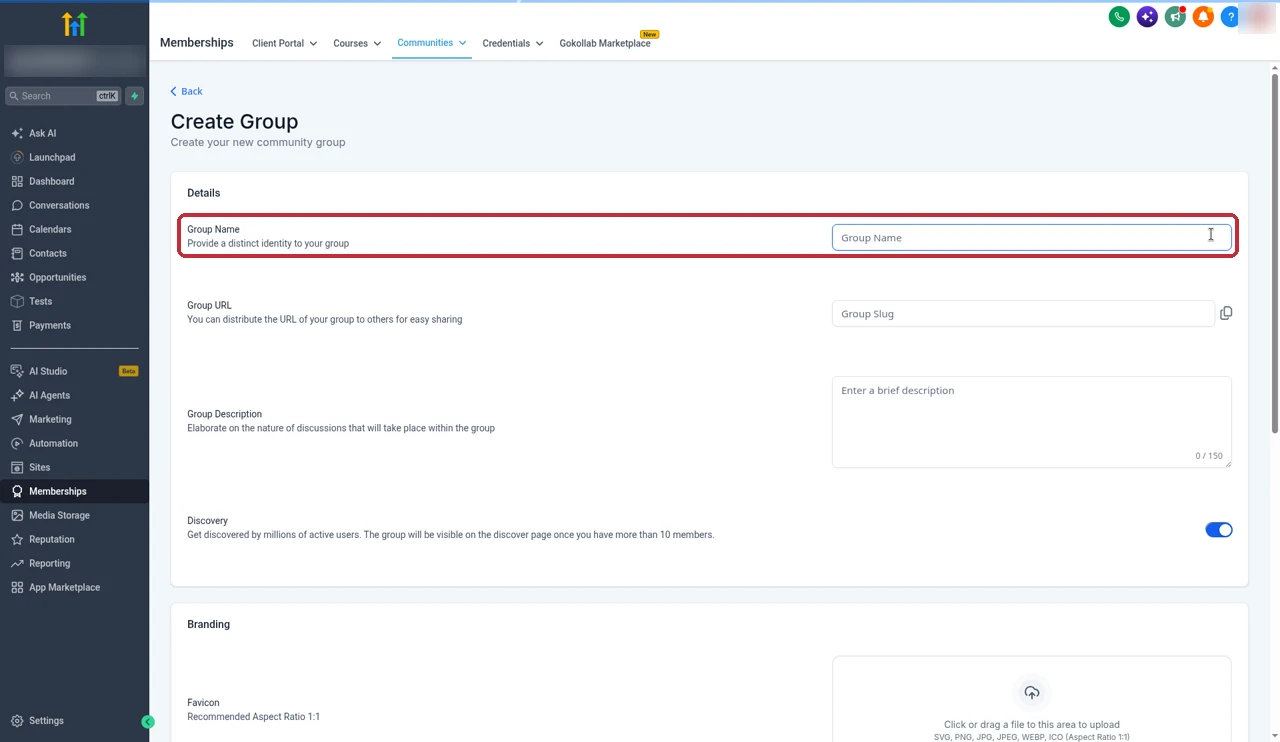 GoHighLevel Create Group form with the Group Name field highlighted