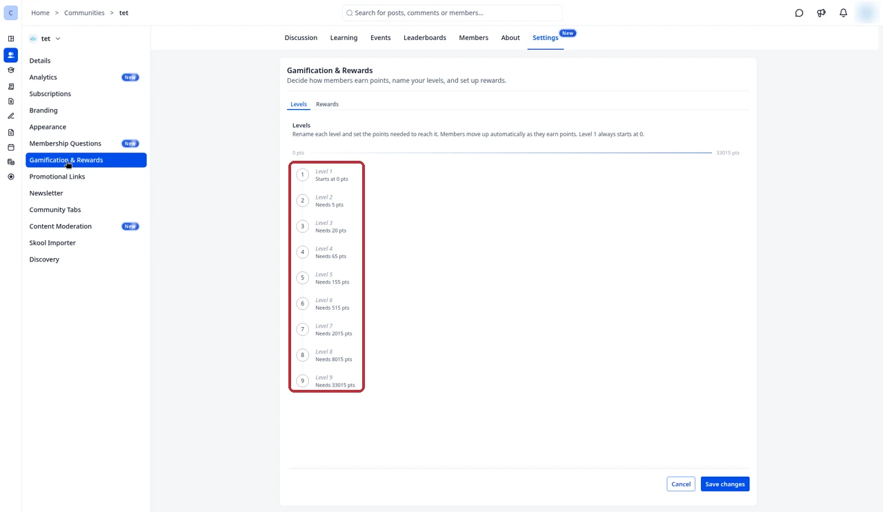 GoHighLevel group settings Gamification and Rewards tab with the list of 9 levels highlighted