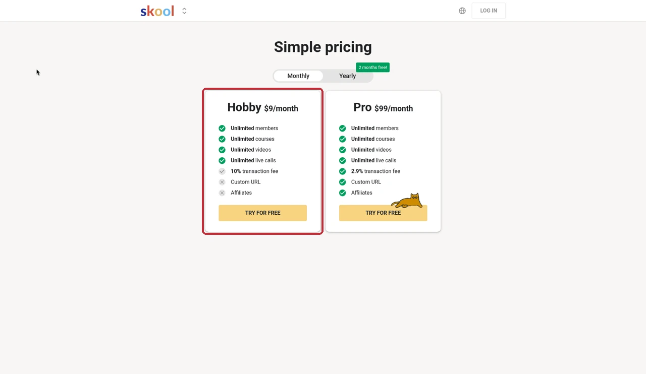 Skool Hobby plan card on the Skool pricing page showing $9 a month and a 10% transaction fee