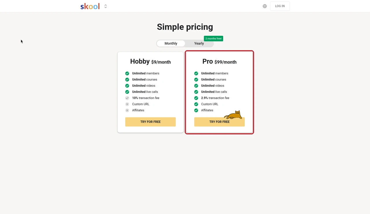 Skool Pro plan card on the Skool pricing page showing $99 a month, a 2.9% transaction fee, custom URL and affiliates