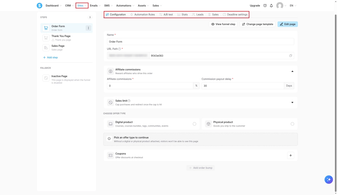 Systeme.io sales funnel with its three steps listed and the Order Form step tabs: Configuration, Automation Rules, A/B test, Stats, Leads, Sales and Deadline settings, plus the Add order bump button