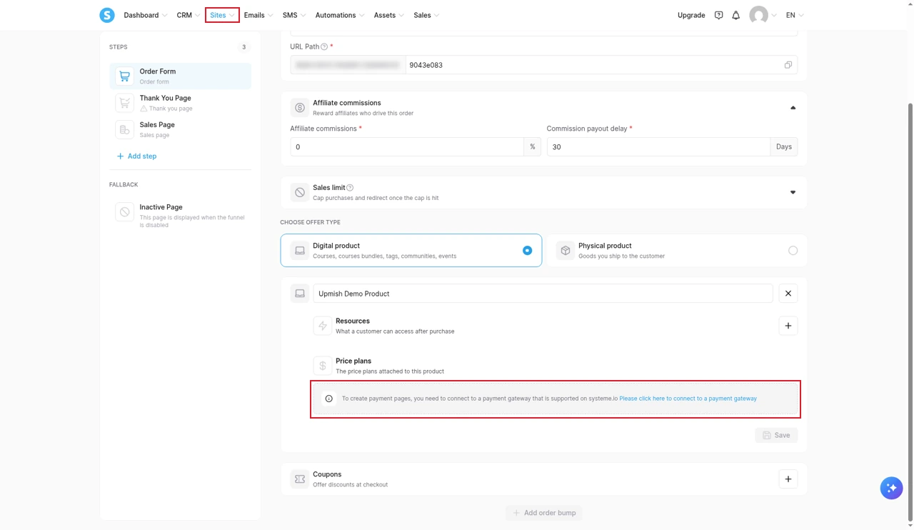 Systeme.io order form with Digital product selected and a notice under Price plans saying you must connect a supported payment gateway before you can create payment pages