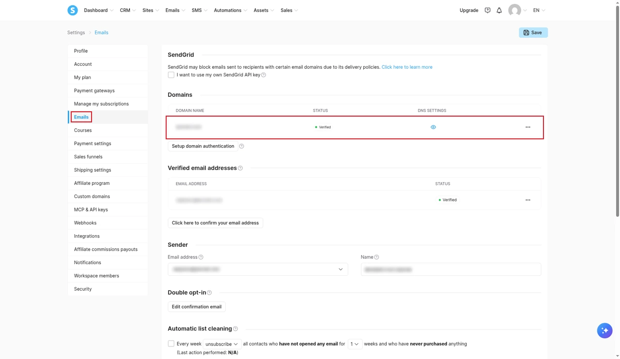 Systeme.io email settings showing a sending domain with Verified status, a verified sender email address, and the Sender section where you set the default from-address and name