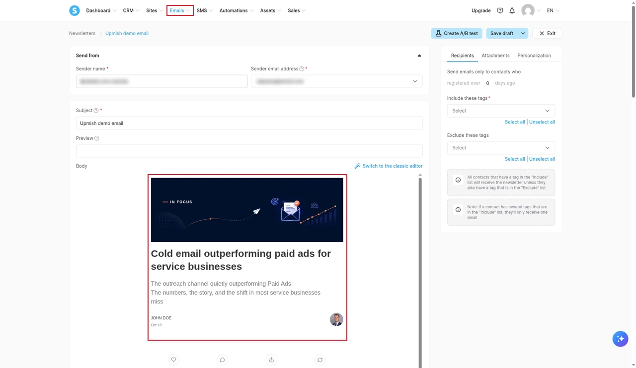 Systeme.io newsletter editor with the subject line Upmish demo email and the email body open in the drag-and-drop editor