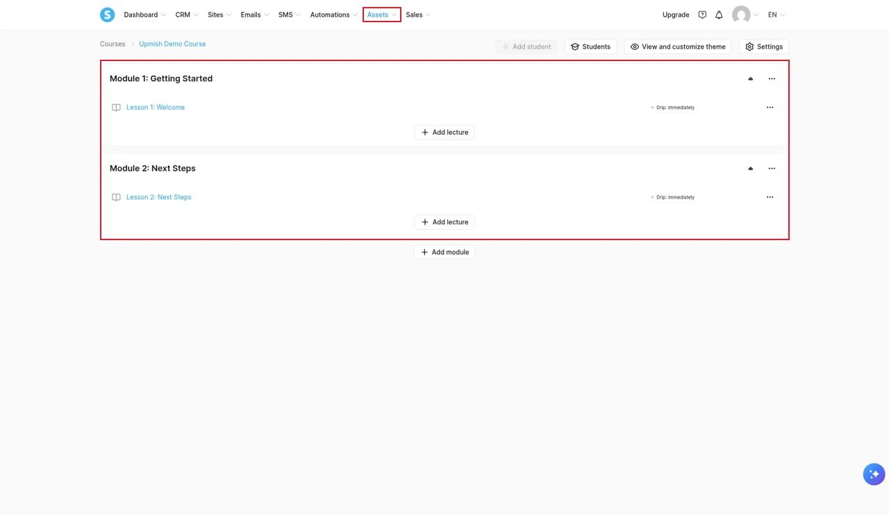 Systeme.io course curriculum with two modules, one lesson each, and every lesson set to Drip: immediately