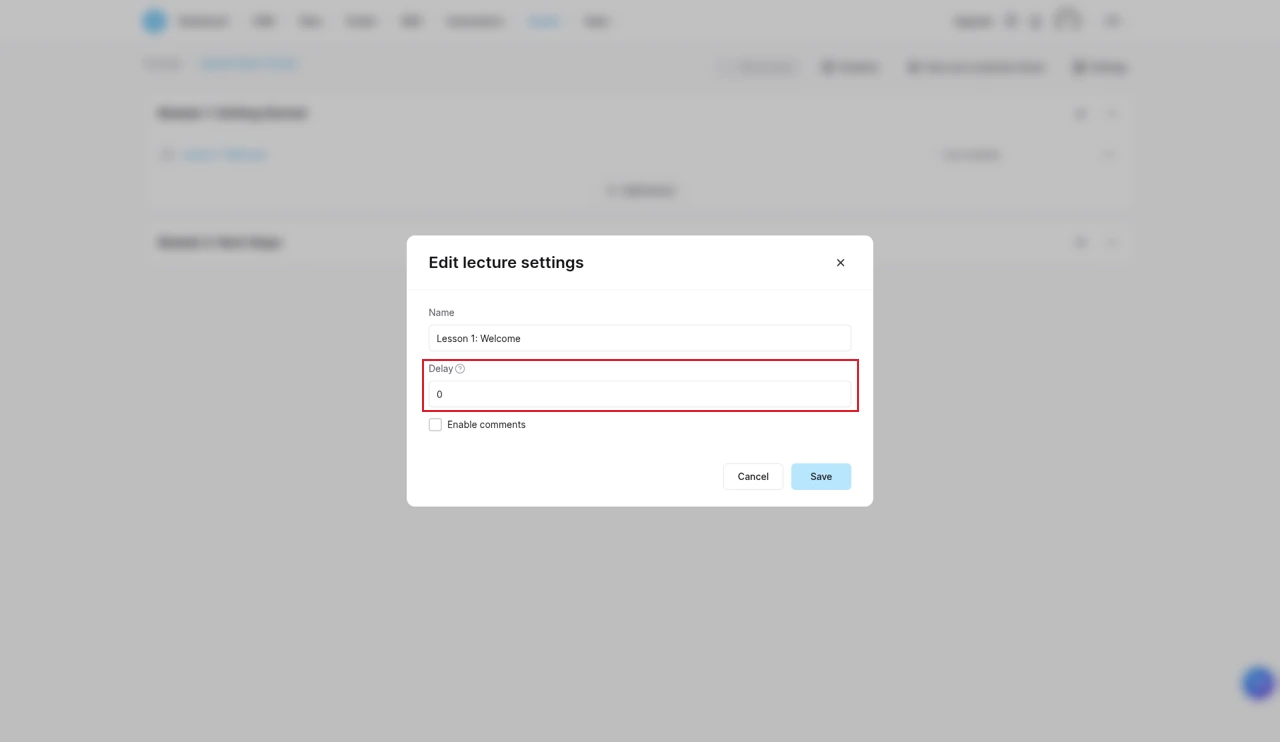 Systeme.io Edit lecture settings dialog with the Delay field, which sets how many days after the previous lecture a lesson unlocks (drip content)