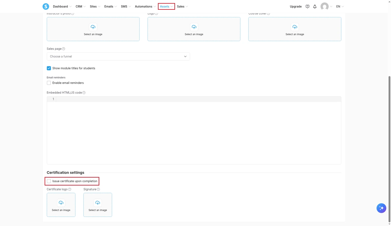 Systeme.io course settings showing the Issue certificate upon completion option, with fields for a certificate logo and signature