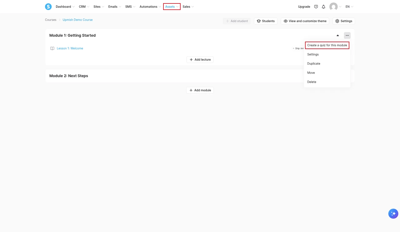 Systeme.io course curriculum with the Module 1 menu open, showing the option Create a quiz for this module