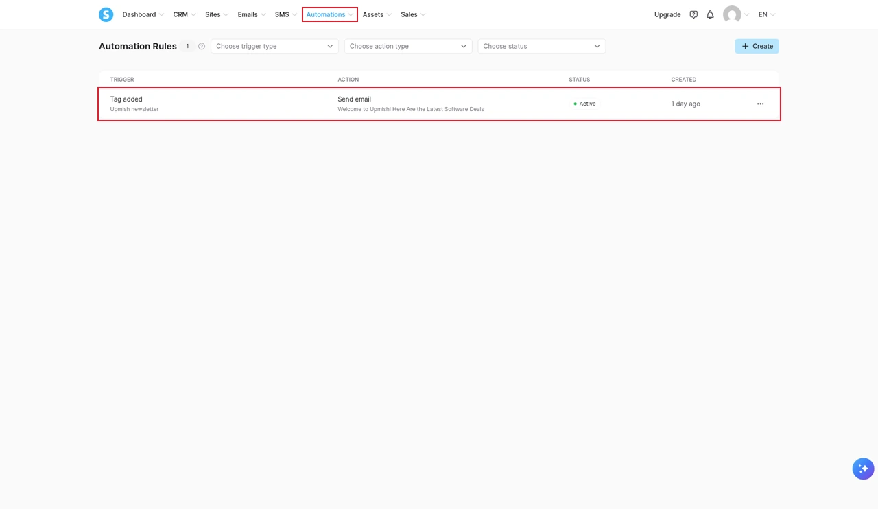 Systeme.io automation rule list with one active rule: when the tag Upmish newsletter is added, send the welcome email