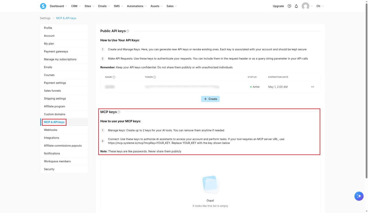 Systeme.io MCP and API keys settings showing the MCP keys section, which lets you create up to 2 keys so AI assistants can access your account