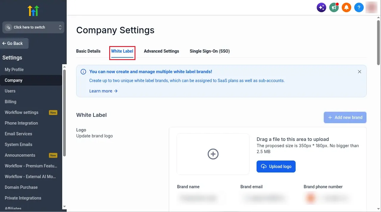 White Label tab in GoHighLevel company settings with the brand logo upload area
