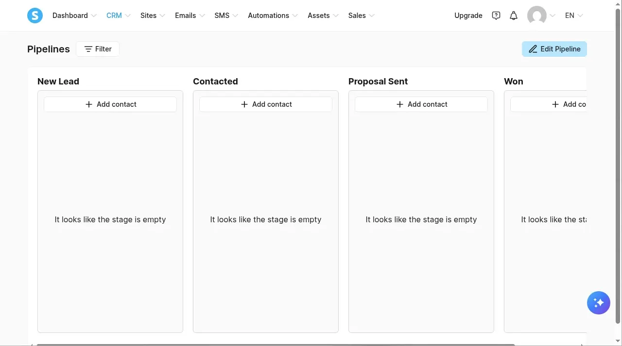 Systeme.io CRM pipeline board with New Lead, Contacted, Proposal Sent and Won stages