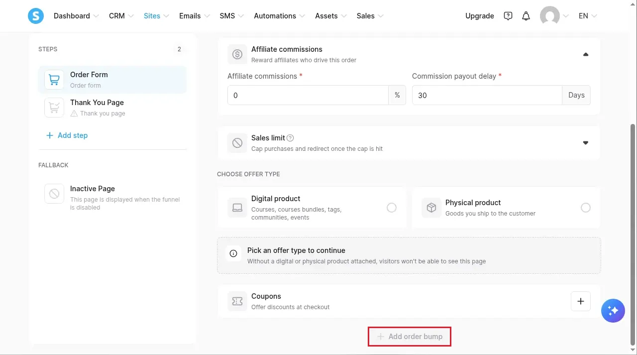 Order bump button on a Systeme.io funnel order form step, greyed out until an offer type is picked