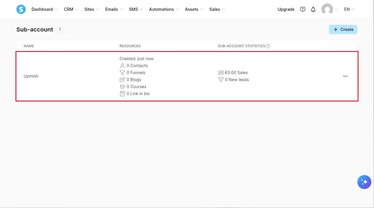 Sub-accounts page in a free Systeme.io account with one sub-account listed
