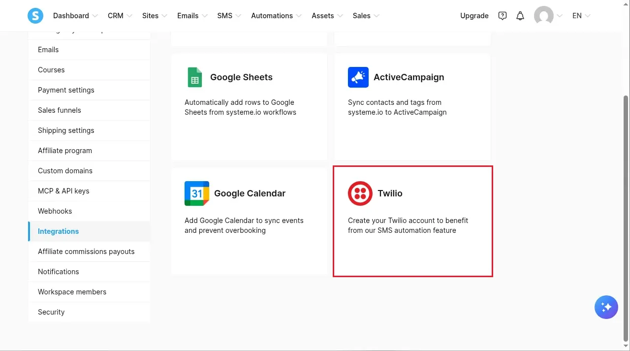 Twilio card on the Systeme.io integrations page for connecting SMS